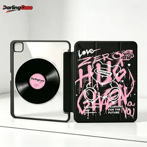 [#SummerVibes]DarlingCase Graffiti Bear iPad Case with Vinyl Record Design, Clear Transparent Back, Trifold Stand, Shockproof Protective Cover for iPad Air 4/5, iPad Pro 11 Inch, iPad 10th/9th/8th Gen, Black with Orange Art Print