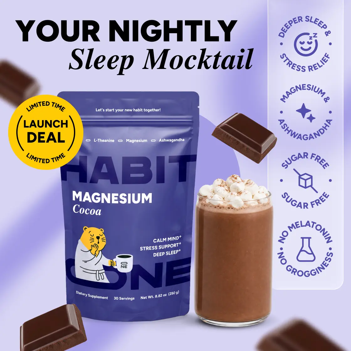 HabitONE Magnesium Mushroom Cocoa | 30 Servings | Ashwagandha, Reishi, Zinc, L-Theanine, L-Glycine, Chamomile, Jujube & Cinnamon