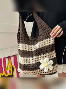 Women's Casual Knitted Handbag, Colorblock Jacquard Tote Bag, Daily Use Shoulder Bag, Crochet Woven Bag, All Seasons Fashion