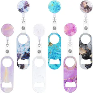 BY-383 6 Pcs Flat Bottle Openers Retractable Bar Keys for Bartenders Stainless Steel Beer Bottle Opener with Belt Clip and Round Badge Reel Bartender Gifts for Women Men(Leopard Style) Birthday Printed