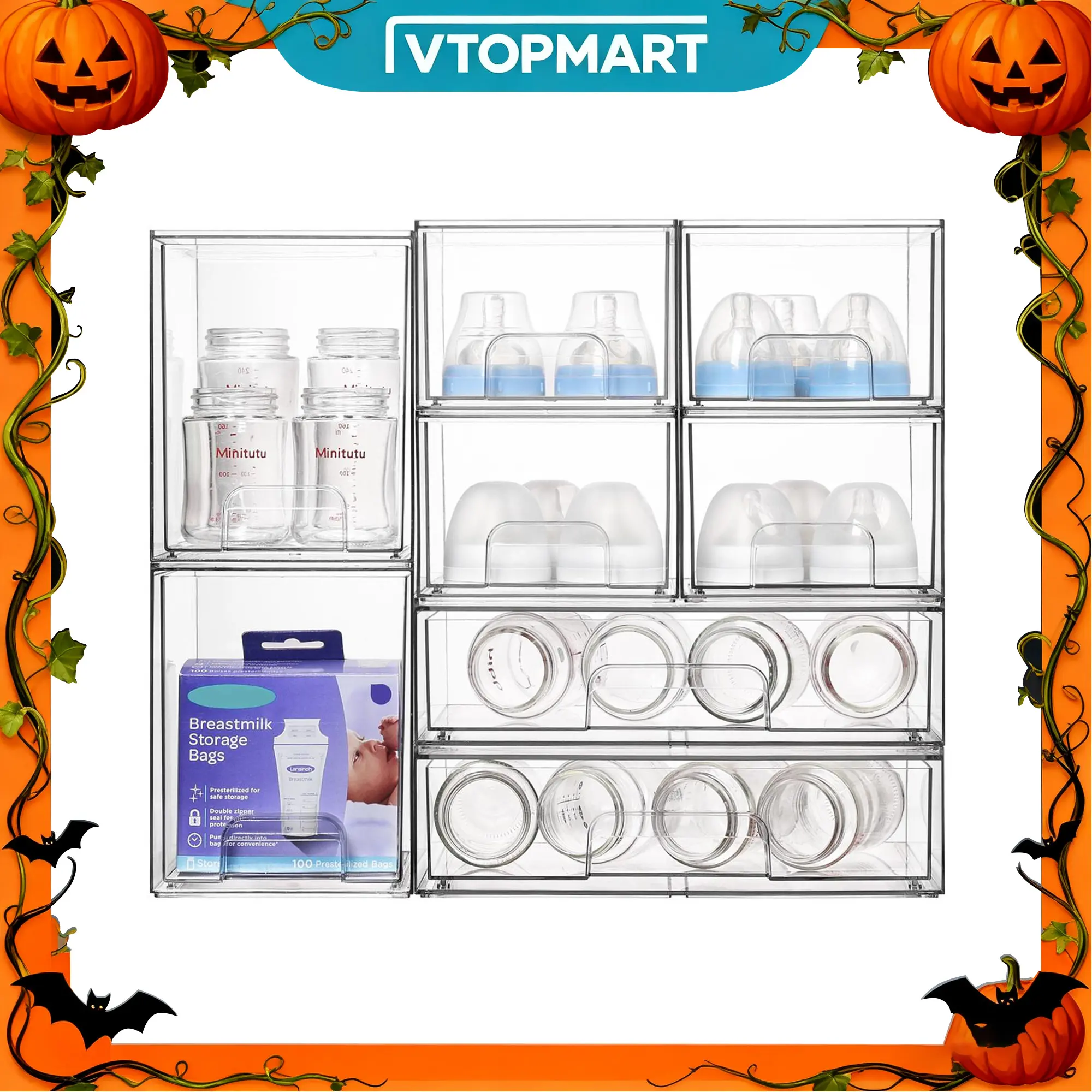 【Live Only】VTOPMART Bottles Station, Clear Stackable Storage Drawers, Comestics Desktop Organizer Bins for Vanity, Makeups, Skin Care Products Dressing Table Box, Crystal Boxes Multi Compartment Design, Halloween Gift