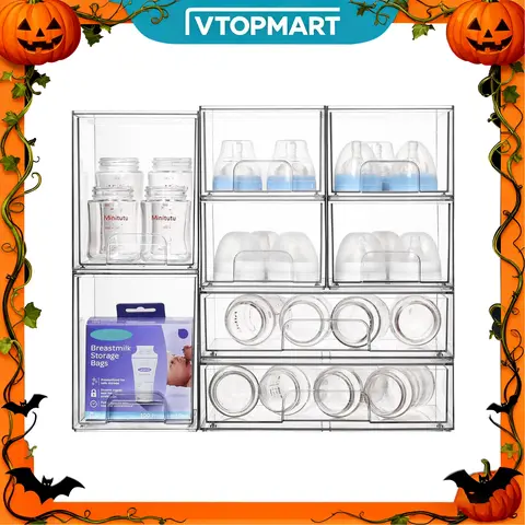 【Live Only】VTOPMART Bottles Station, Clear Stackable Storage Drawers, Comestics Desktop Organizer Bins for Vanity, Makeups, Skin Care Products Dressing Table Box, Crystal Boxes Multi Compartment Design, Halloween GiftIdea