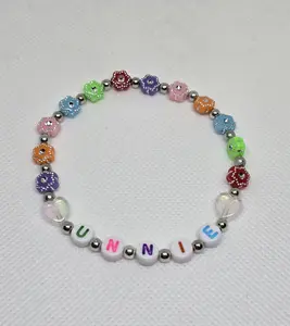 Unnie Handmade Korean K-pop K-Drama Fan Beaded Friendship Bracelet Large 8.5" Elastic Band Colorful Plastic Beads Gift for Big Sister or Sister from Another Mother