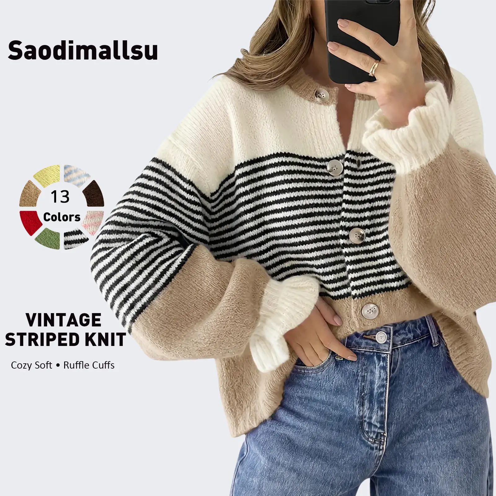 Saodimallsu Women's Fall Trendy Striped Knit Cardigan - Long Sleeve Ruffle, Button-Up, Loose Fit Color Block, Polyblend Mix Knitwear, Machine Wash Casual Women's Top