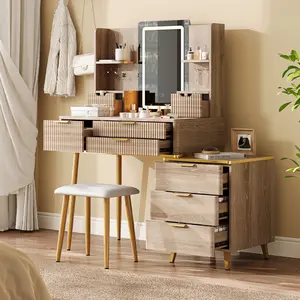 Vintage Summer Country 7-Drawer Vanity Desk with LED Mirror & Carved Details, Fluted Makeup Table with Metal Legs and PU Stool, Girl Carved Dressing Table with Jewelry Storage for Bedroom
