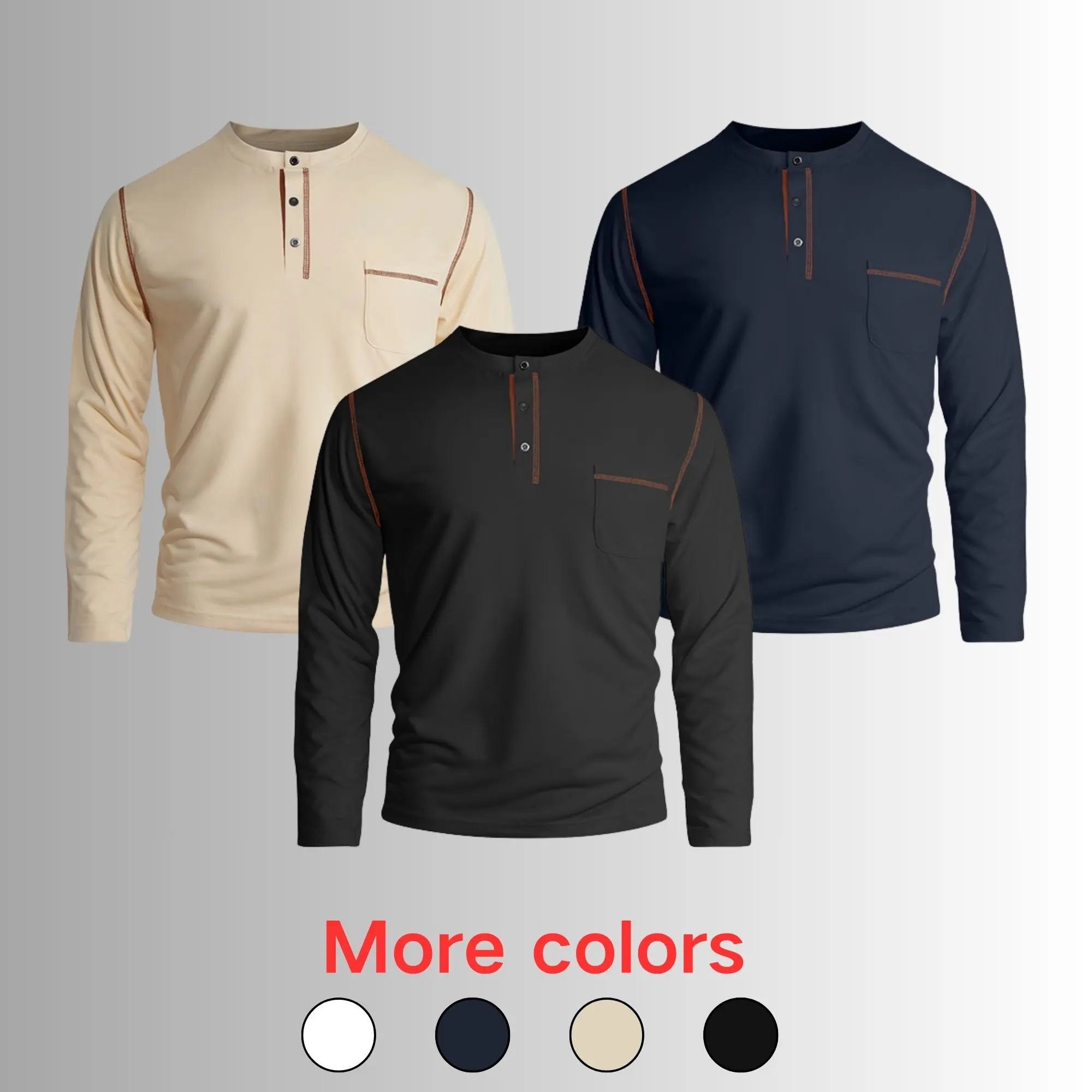 3-Pack Men’s American Vintage Henley Long Sleeve T-Shirts, Simple Solid Colors, Layering Tops for Commuting