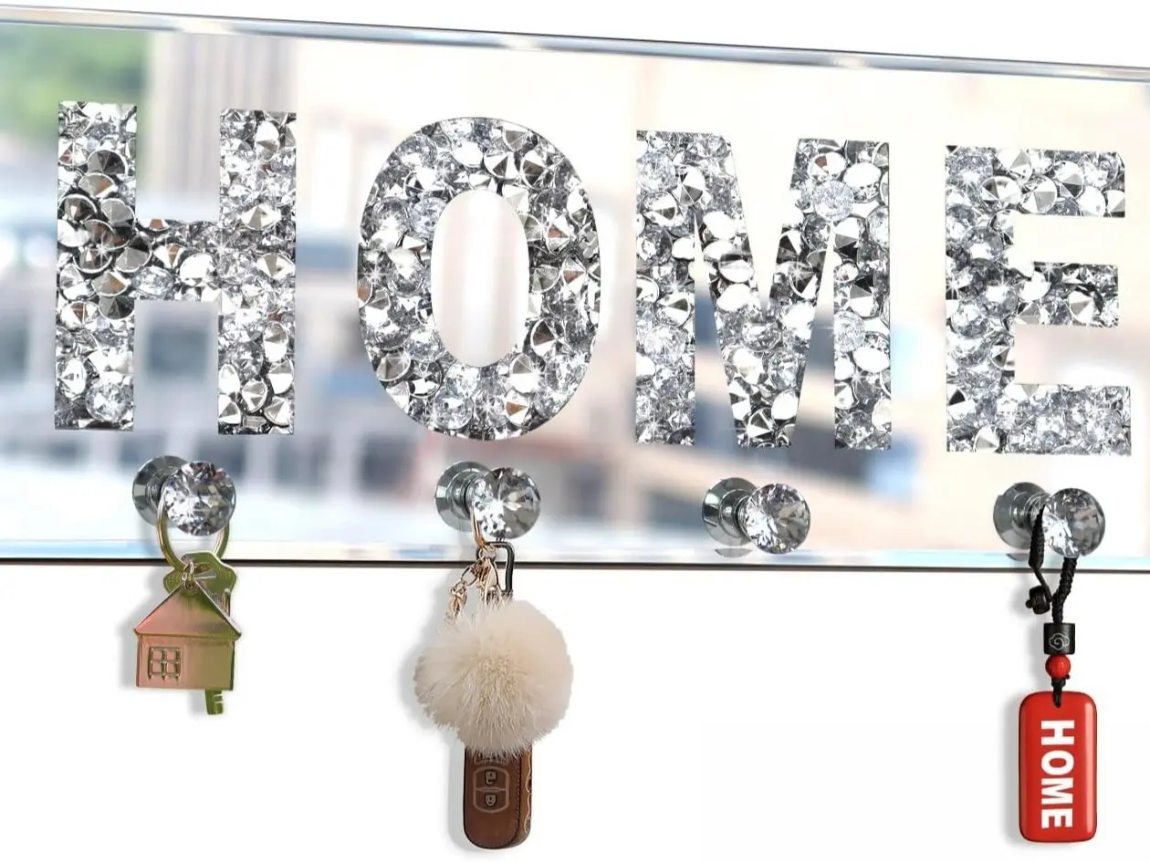 Diamond Mirrored Home Letter Plaque Sign for Wall Decor, Crystal Clear Hooks Key Holder Key Hanger, Silver Mirror Decoration Wall Art Hanging Decorative