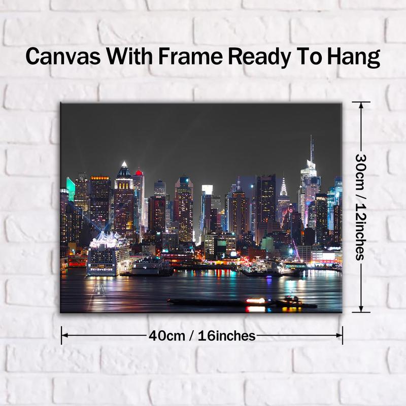 New York City Night View Canvas Print with Frame, Modern Art Decoration, Living Room Bedroom Decoration, Hallway Office Mural, Ideal Gift, Poster, Wall Art Painting