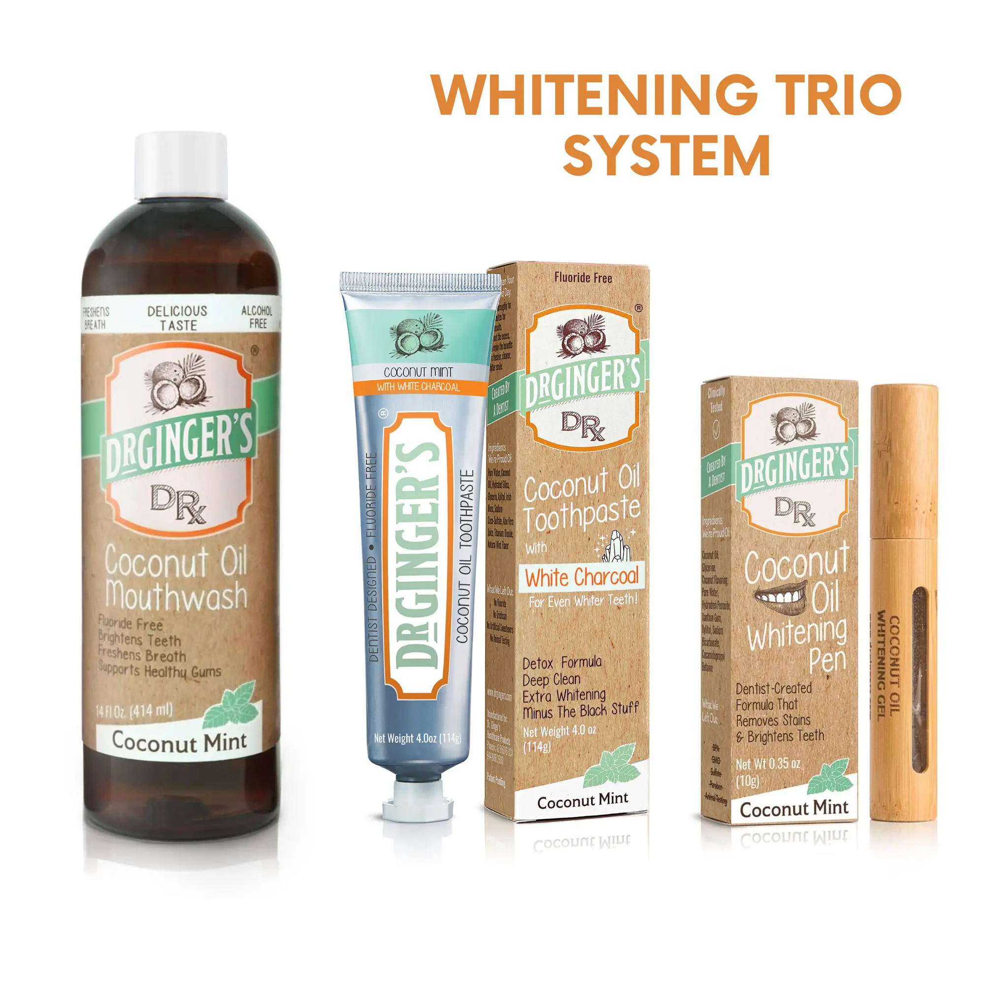 Dr. Ginger's Activated White Coconut Charcoal Whitening System | Activated White Coconut Charcoal Toothpaste, Coconut Powered Whitening Gel Pen, Coconut Powered Mouthwash, Organic Coconut Oil, Whole Mouth Wellness, Gentle Daily Use, Sensitive Teeth