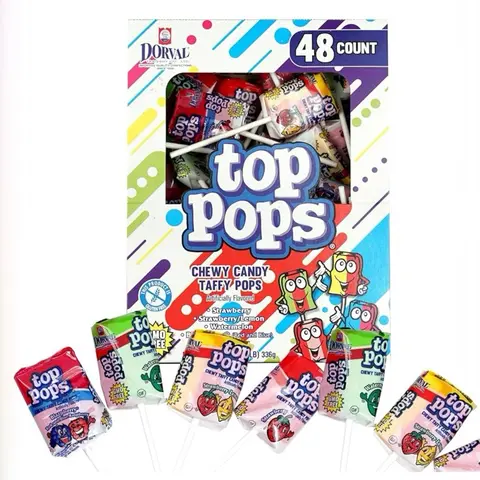 Top Pops Taffy Pops 48 Pack 4 Assorted Fruit Flavor Lollipops Candy Sweet Snack Bonbon Watermelon Lemon Strawberry Taffy Candy Variety Bulk Box