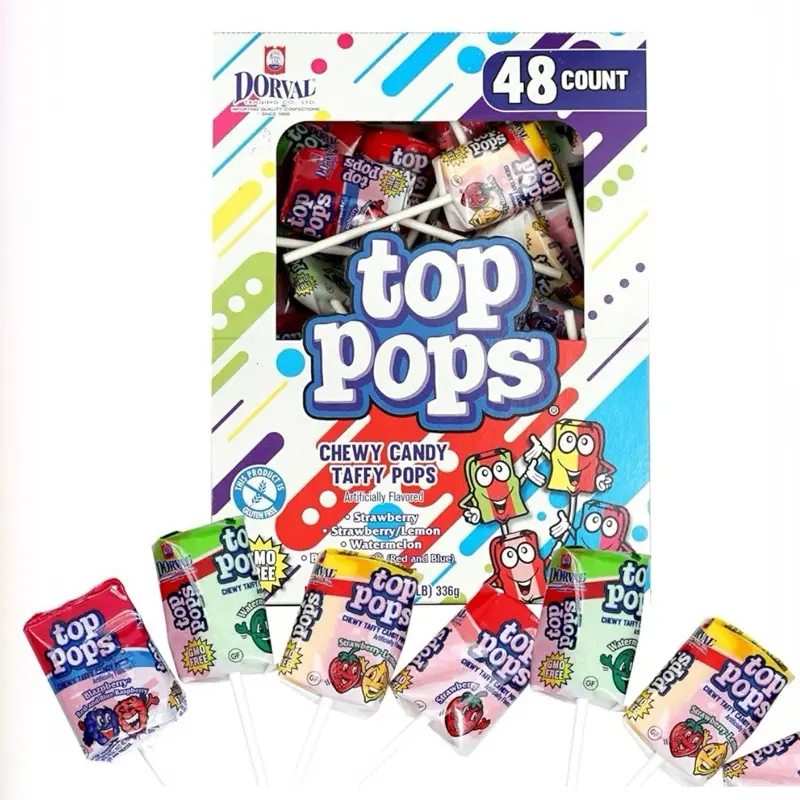 Top Pops Taffy Pops 48 Pack 4 Assorted Fruit Flavor Lollipops Candy Sweet Snack Bonbon Watermelon Lemon Strawberry Taffy Candy Variety Bulk Box