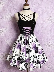 Vintage Rose Floral Print Dress, Spring Summer Women's Printed Dress, Waist Cinched Slim Fit Maxi Dress, Perfect for Vacation Casual