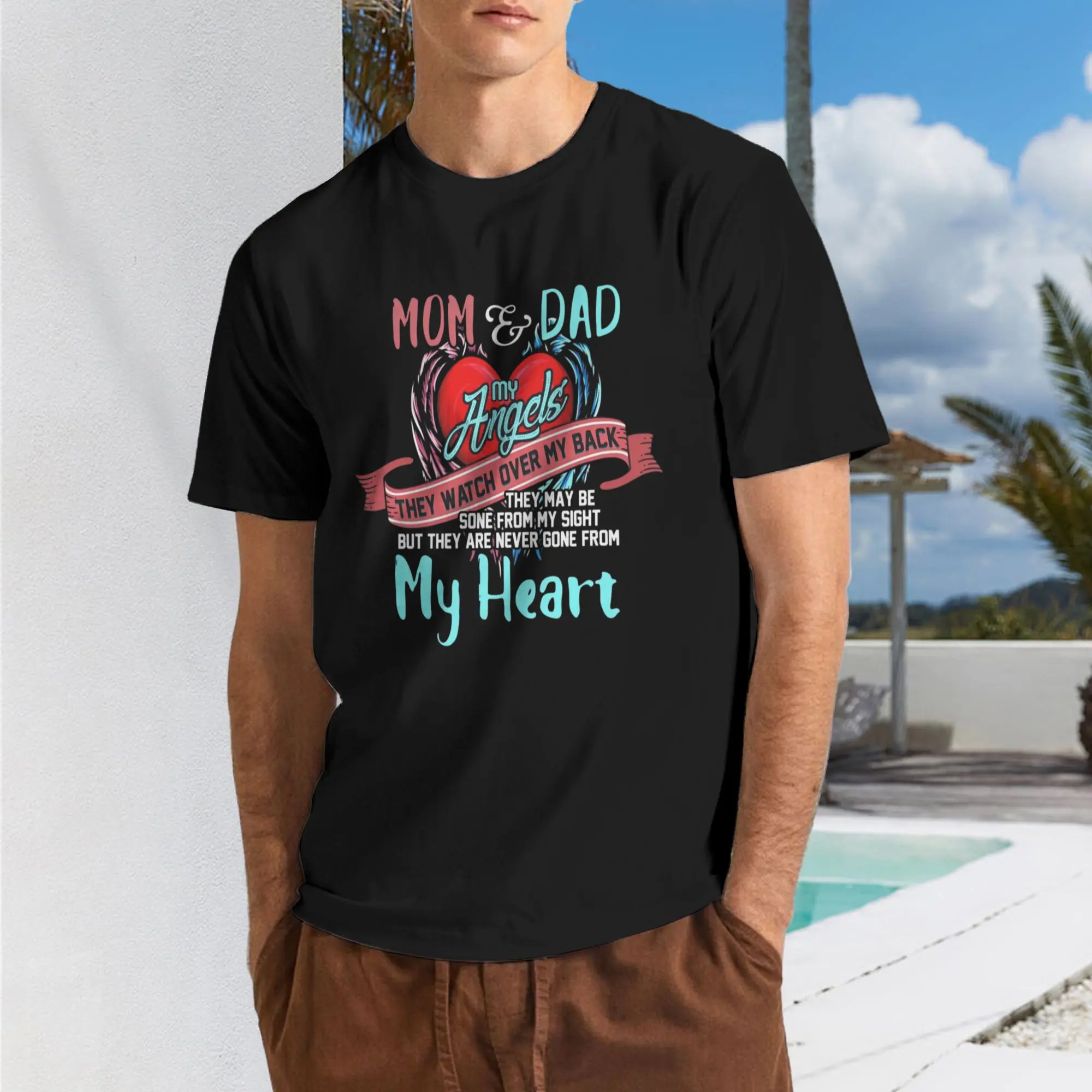 Men's In Loving Memory T-Shirt - Mom & Dad Angel Wings & Heart Sympathy Gift Suitable for Bereaved Sons, Casual & Formal Round Neck Short Sleeve Shirt, Machine Washable Apparel for Loss of Mother and Father