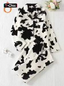 Women's Flannel Pajama Set, Pjs, Cow Pattern Long Sleeve Button Top & Comfortable Elastic Pants, Winter Fitted Sleepwear, Casual Home Wear, Loungewear, Homewear