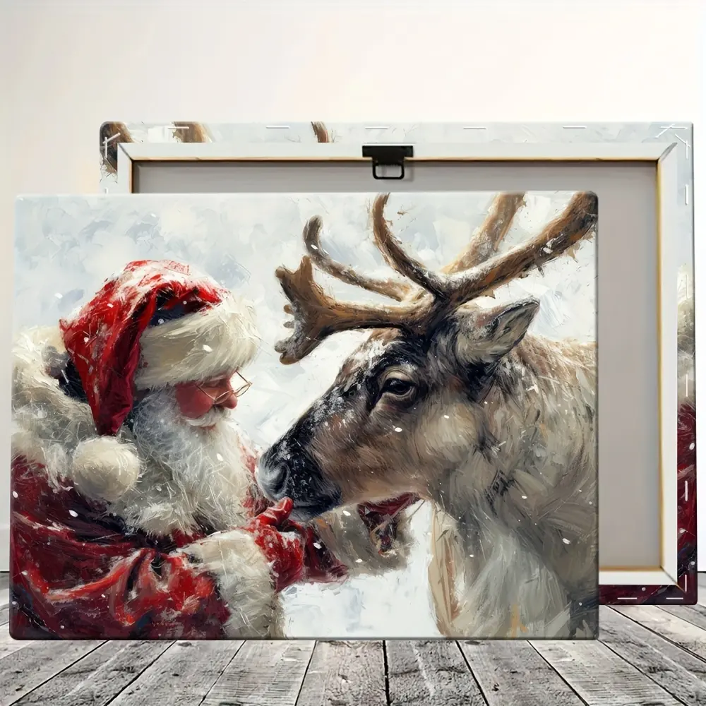 2D Flat, 1pc Framed Canvas Wall Art, Vibrant Holiday Design Wooden Framed Santa Claus Petting Reindeer Canvas Wall Art Frame, Festive Christmas Decor for Home, Bedroom, or Office Ready to Hang Seasonal Artwork Modern Framed Art 15.7*11.8 Inches/ 40*30cm