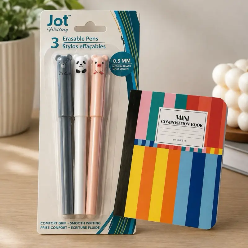 Mini Composition Notebook with 3 Cute Erasable Pens – Colorful School & Office Stationery Set