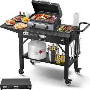Leteuke Grill Cart for Blackstone Griddle, Portable Outdoor Grill Table, Foldable Cart Table with Wheels for Ninja Grill, Grill Cart Fit 17 Inch Or 22 Inch Griddle, BBQ Prep Table with Seasoning Tray camping furniture picnic Barbecue