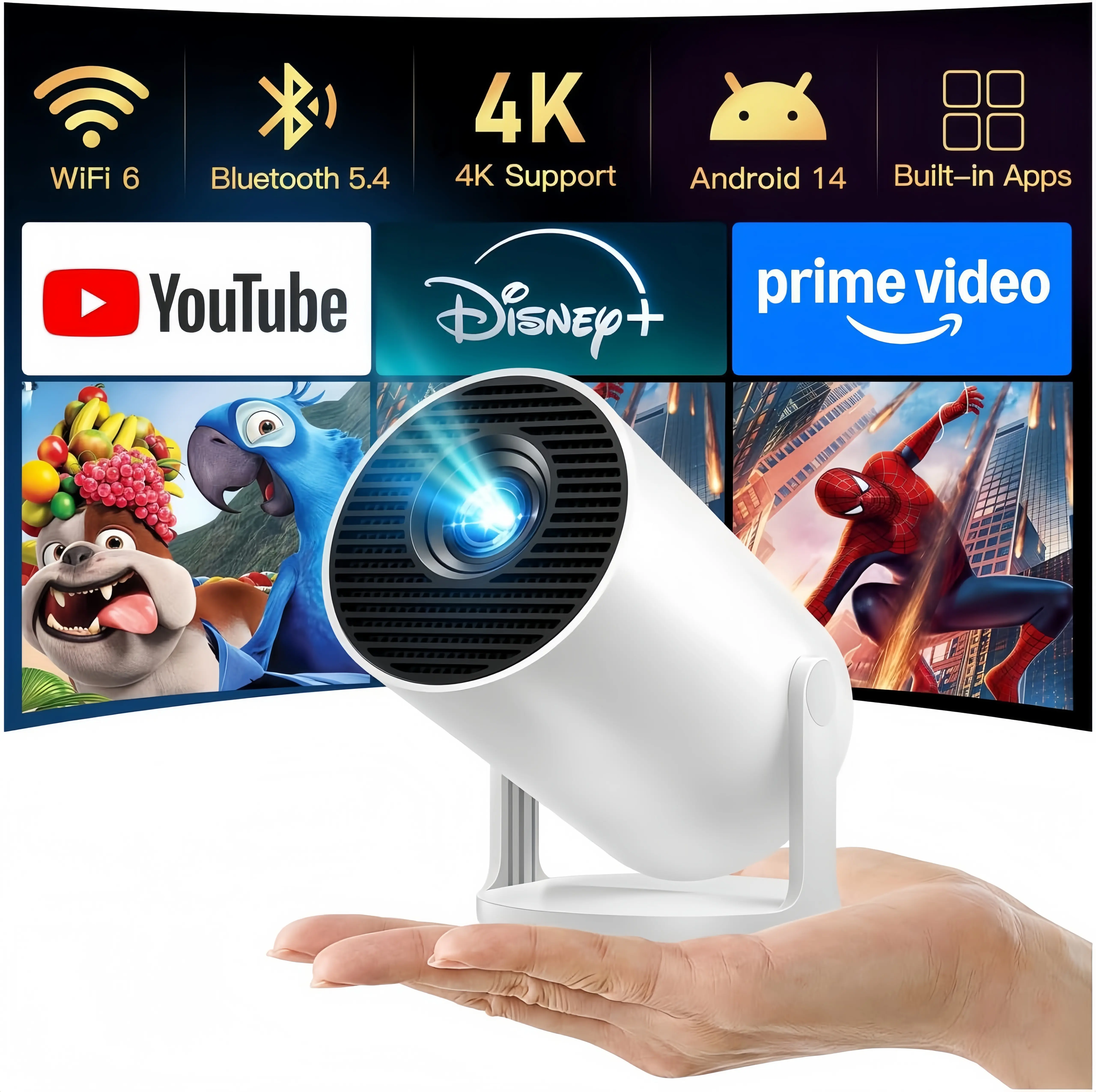 HY300Pro+ Mini Projector (10000:1 CR, 290ANSI Lumens), Auto Keystone Correction, Dual-Band WiFi6, Bluetooth 5.4, Android 14, 1280x720P, 4K Decode, 4K/1080P Audio Support, Plastic Oval Abs Box, Portable Home Cinema Gift