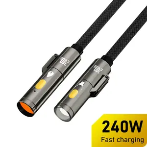 PD 240W Type-C to Type-C Cable 3.9ft Nylon Braided 480Mbps Fast Charging LED Flashlight & Igniter for MacBook iPhone 16 15 Pro Max iPad Galaxy S24 S23