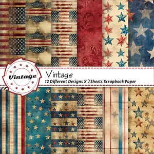 12 Sheets July 4th Vintage American Flag Scrapbook Paper, Independence Day Patriotic Theme, Blue Star Notebook Paper, DIY Projects