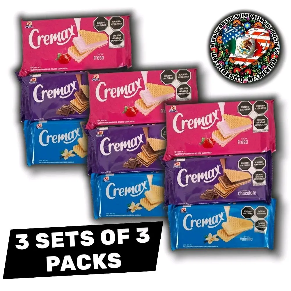Gamesa Cremax Traditional Creamy Wafer Dessert Snack 3 sets of 3-Pack - Chocolate, Fresa, Vainilla Flavors - 3.5oz (90g)