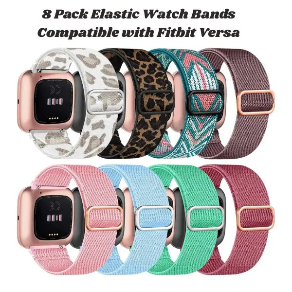 8 Pack Elastic Watch Bands Compatible with Fitbit Versa – Adjustable Nylon Braided Solo Loop Sport Straps, Soft Replacement Wristbands for Women & Men Smartwatch