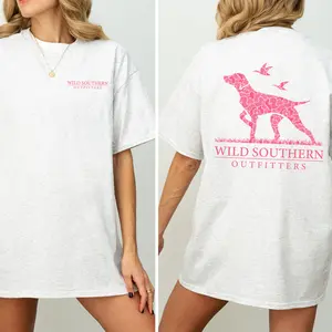 Pink Camo Hunting Dog Shirt, Wild Southern T-shirt, Simply Printed Graphic Shirt, Daily Casual Cotton Womenswear