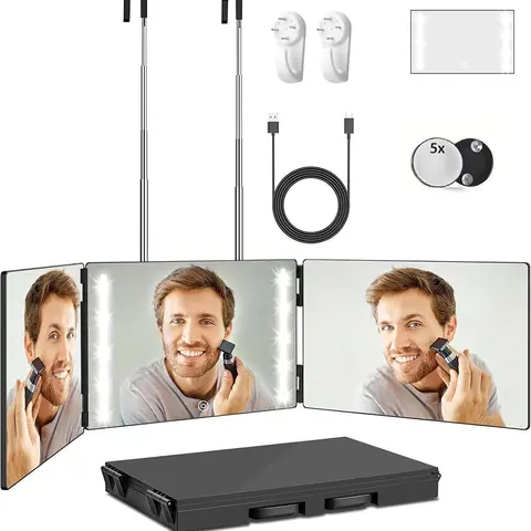 LED Cosmetic Rectangle Glass Mirror - 3-Way Dimmable, Rechargeable Trifold Foldable Magnetic Cordless Light-Up Wall/Door-Mounted, USB Charging, Portable Detail-Focused Mirror for Self Hair Cutting (With/Without LED Option), Led Cosmetic Mirror, Rechargeab