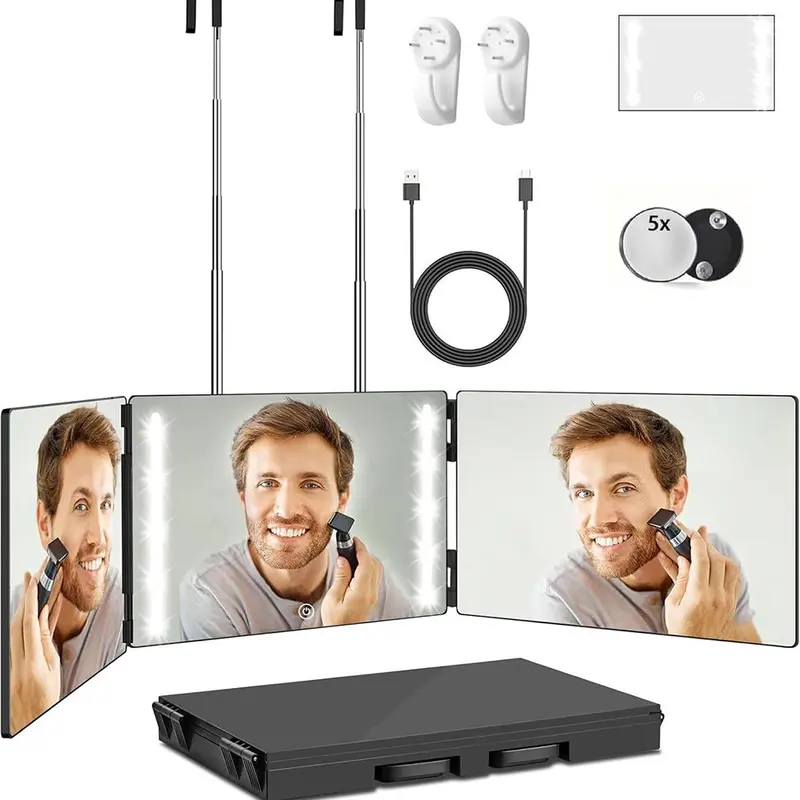 LED Cosmetic Rectangle Glass Mirror - 3-Way Dimmable, Rechargeable Trifold Foldable Magnetic Cordless Light-Up Wall/Door-Mounted, USB Charging, Portable Detail-Focused Mirror for Self Hair Cutting (With/Without LED Option), Led Cosmetic Mirror, Rechargeab