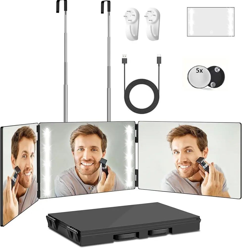 LED Makeup Mirror 3 Way Mirror for Self Hair Cutting with LED Lights Usb Charging (or without LED), Rechargeable Self Cut 360 Barber Mirror for Haircuts Door Mount