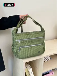 Large capacity plaid nylon crossbody bag | Durable and tear resistant fabric+multiple front zipper pockets, can be carried by hand or crossbody, retro military green with street atmosphere, no pressure to hold books, water bottles, cosmetics, essential sh