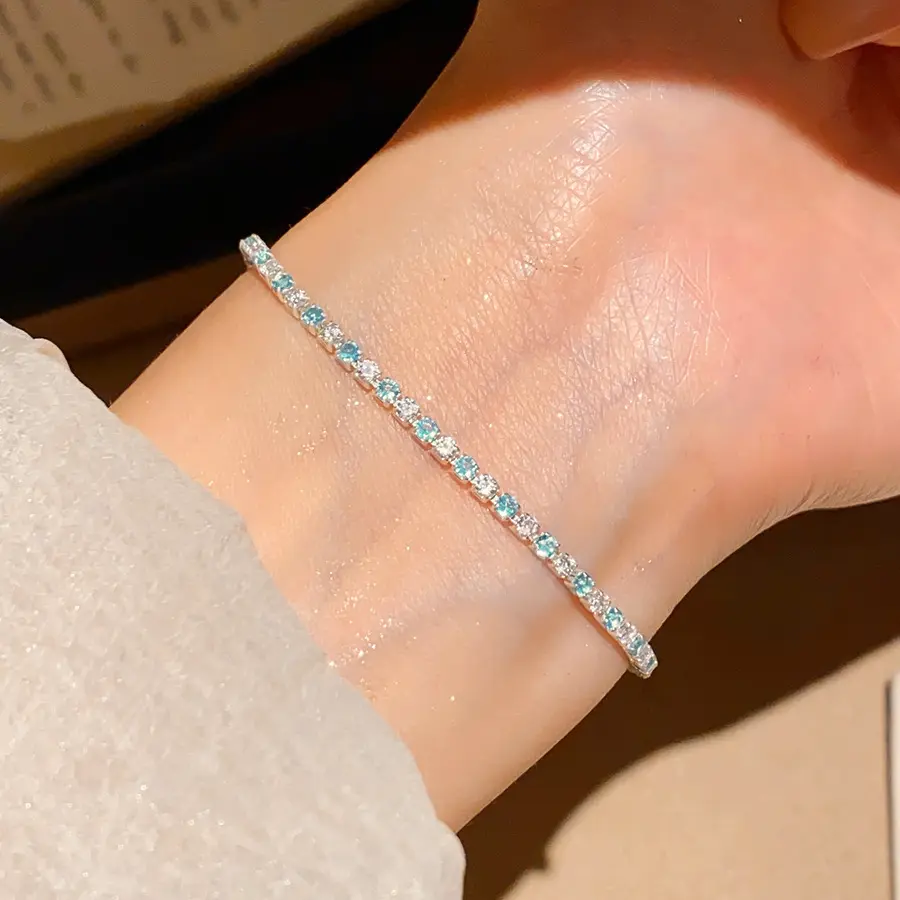 Blue CZ Tennis Bracelet for Women - Dainty Silver-Plated Minimalist Jewelry, Sparkly Summer Style for Everyday Wear