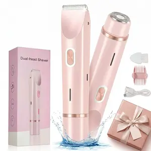 2-in-1 Bikini Trimmer for Women, Rechargeable Electric Shaver & Facial Hair Remover, Dual-Head Painless Body Groomer for Bikini Area, Face, Underarms, Legs and Pubic Hair