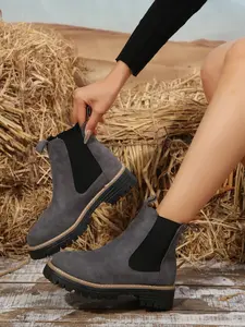 Women's Chelsea Boots Round Toe Textile Upper Rubber Sole Casual Fashion Spring & Fall Shoes All Seasons Wearable, Pull On Boots