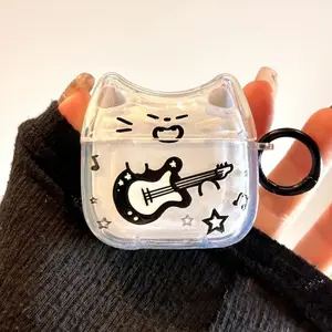 Cute guitar cat couple suitable for airpodspro3 protective case, new airpods4 earphone case, third generation pro2 Apple wireless bluetooth earphone case, earphone protective case, Earphone Protective Cover
