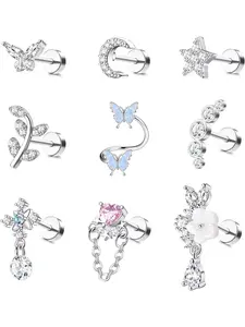 16 Gauge Cartilage Earrings Helix Earrings for Women Stainless Steel Helix Piercing Jewelry Leaf Butterfly CZ Studs Flat Back Cartilage Earrings Set 9Pcs High Quality Earrings