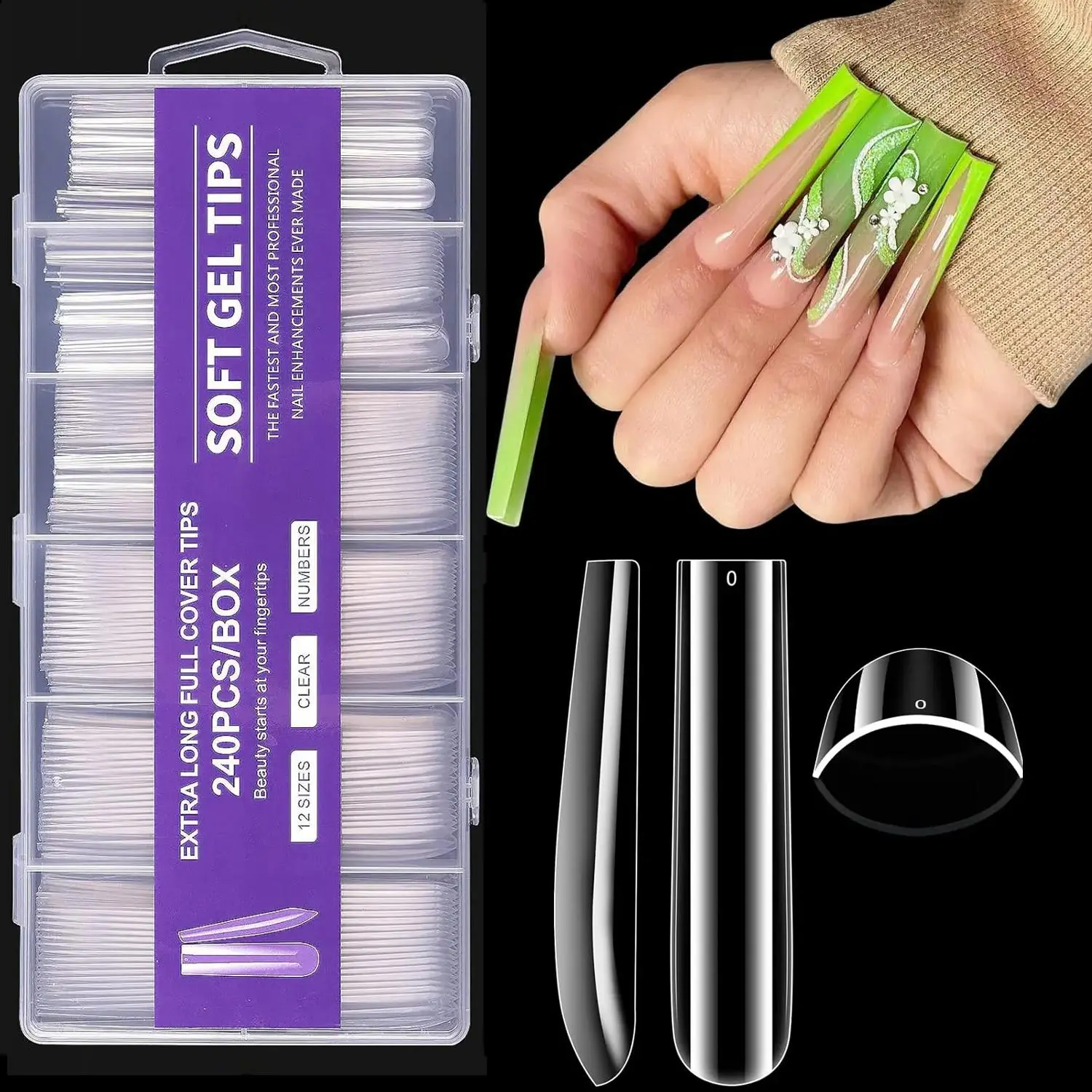 Extra Long Transparent Square Nails, Professional Tapered Square Straight Acrylic Nail Tips, Full Cover No C Curve False Nail Extension Tips, Clear Nail Tips, Fake Nail Tips, Fake Nails Extensions for Manicure Salon, Nail Art, Nail Art Supplies