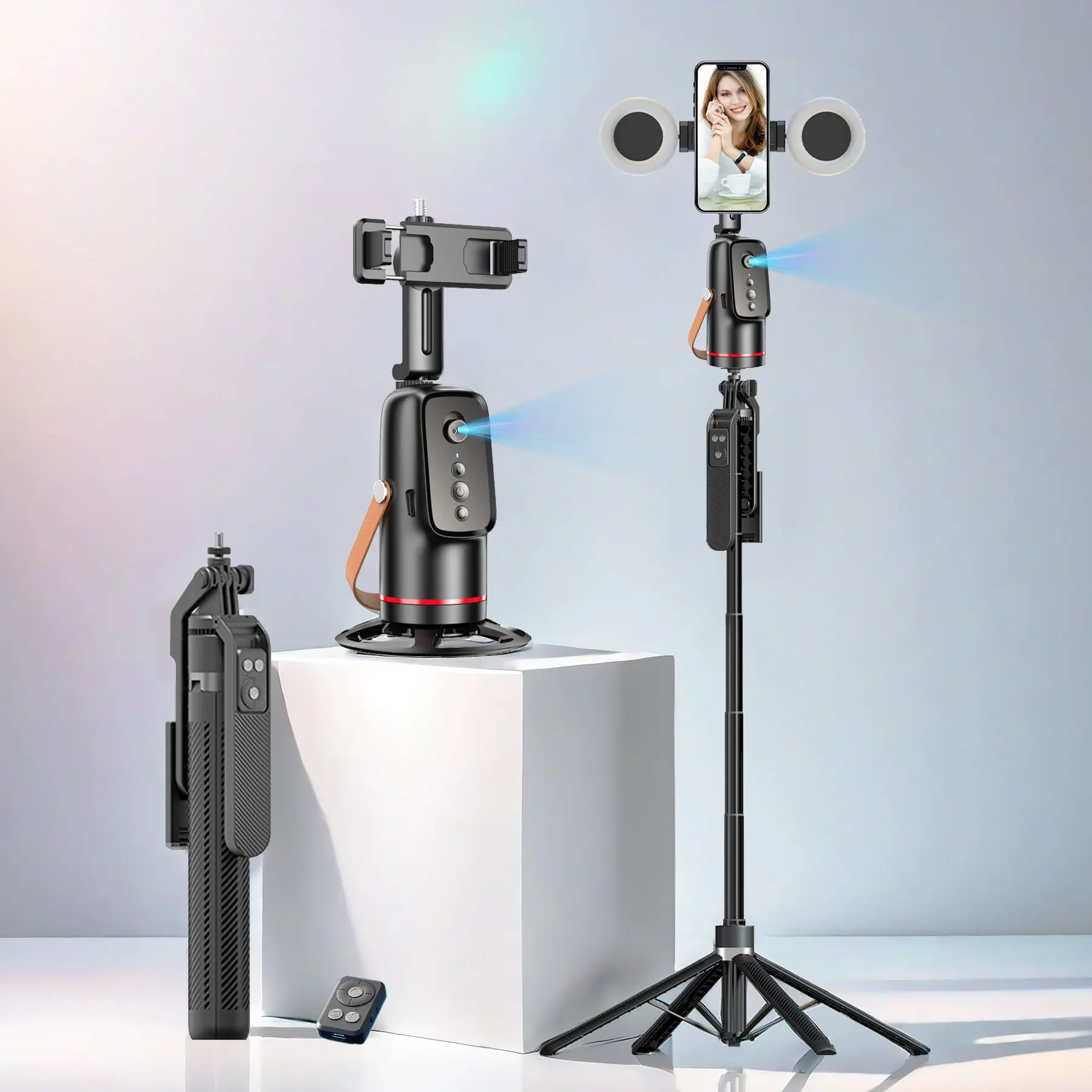 5-In-1 Smart Face Tracking Tech Gimbal with Tripod, Wireless Selfie Remote, Light, Auto Rotation, Phone Stabilizer, Video Camera Accessory Kit, Selfie Accessories