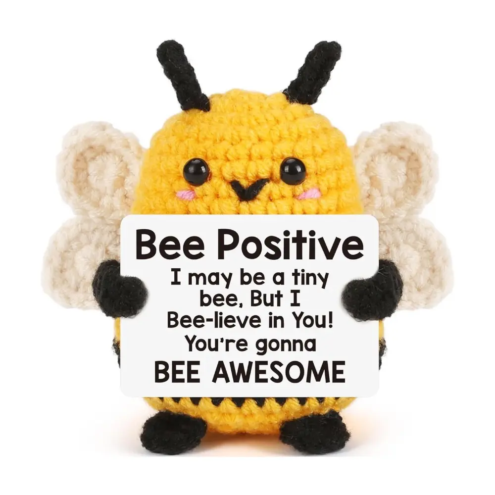 Crochet Bee Plush, Crochet Animals, Cuddly Stuffed Animal, Cuddly Gift, Handmade Amigurumi Motivational Bee, Encouragement Stuffed Animal Gifts for Graduation, Birthday, Emotional Support Desk Buddy & Bee Decor with Affirmative Quotes