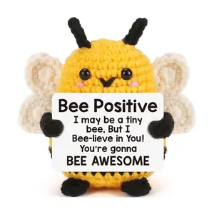 Positive Crochet Bee Plush - Handmade Amigurumi Motivational Bee, Cute Encouragement Gift for Graduation, Birthday, or Mother's Day, Emotional Support Desk Buddy & Tiny Bee Decor with Affirmative Quotes