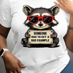 Adorable Raccoon with Red Sunglasses & “Someone Has to Set a Bad Example” Slogan – Trendy White Graphic T - Shirt for Playful Style White CLL T-shirts-0997
