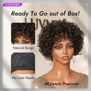 LUVME 6 Inches Beginner Friendly Throw On & Go Short Bouncy Curls with Natural Bangs Glueless Wig 100% Human Hair Ready To Go out of Box