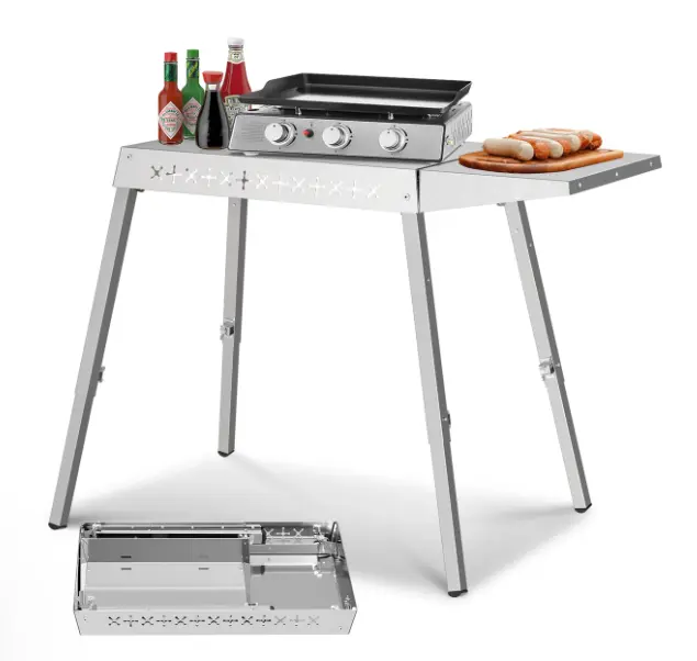 R.W.FLAME Portable Grill Table Foldable Stainless Steel BBQ Prep Stand with Adjustable Legs Heavy-Duty 304 Steel 380 lbs Capacity for Camping Tailgating and Outdoor Cooking