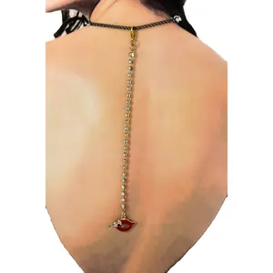 TFJ Women Fashion Open Back Necklace Gold Chain Red Lips Kiss Pendant Silver Bead