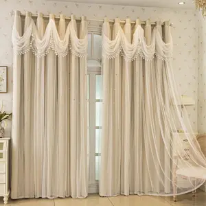 European Style Ruffled Hem Curtain, French Embroidered Living Room Blackout Drapes, Dual Layer Sheer Princess Bedroom Window Covering, Bedroom Curtains Arch