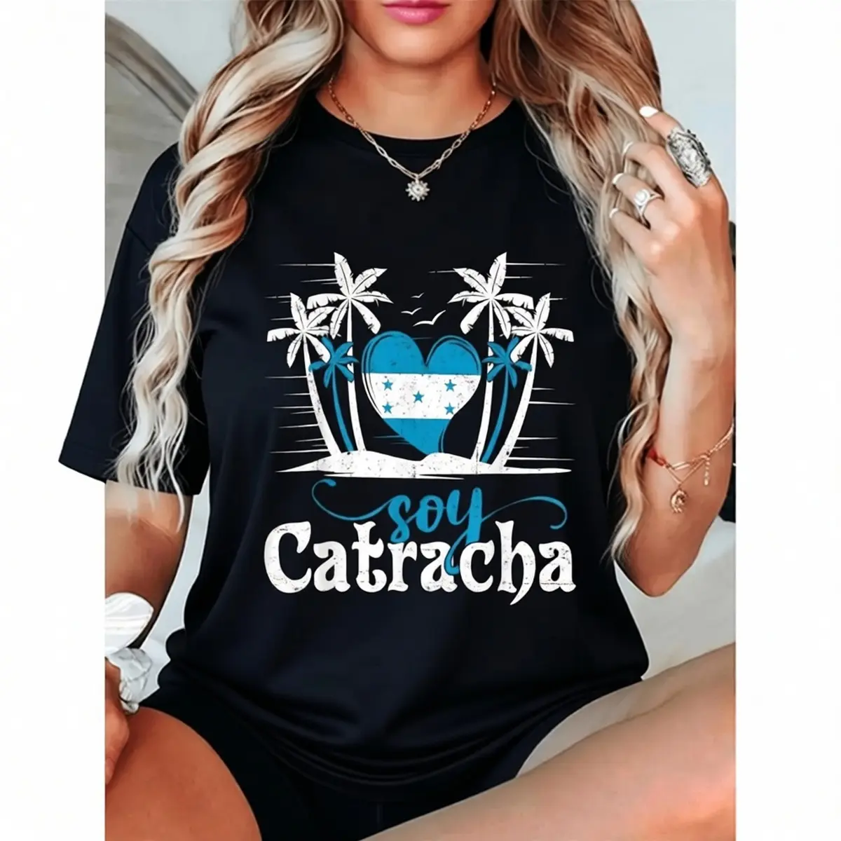 Honduras Flag Graphic T-Shirt With Palm Tree And Heart Design Women's Casual Black Knit Round Neck Short Sleeve Tee Perfect Gift For Hondurans