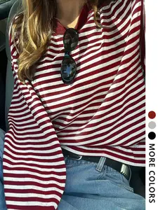Women's Round Neck Striped Long Sleeve T-Shirt Tee, Lightweight Casual Everyday Fitted Top, Comfortable Spring Fall Lady