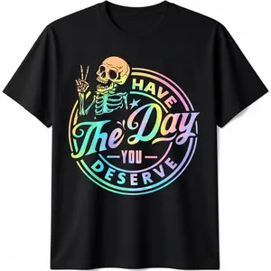 Men's 100% Cotton Short-Sleeve Graphic T-Shirt - Fashion Skeleton Tie-Dye Top with "Have The Day You Deserve" Motive, Beach & Casual Streetwear Menswear