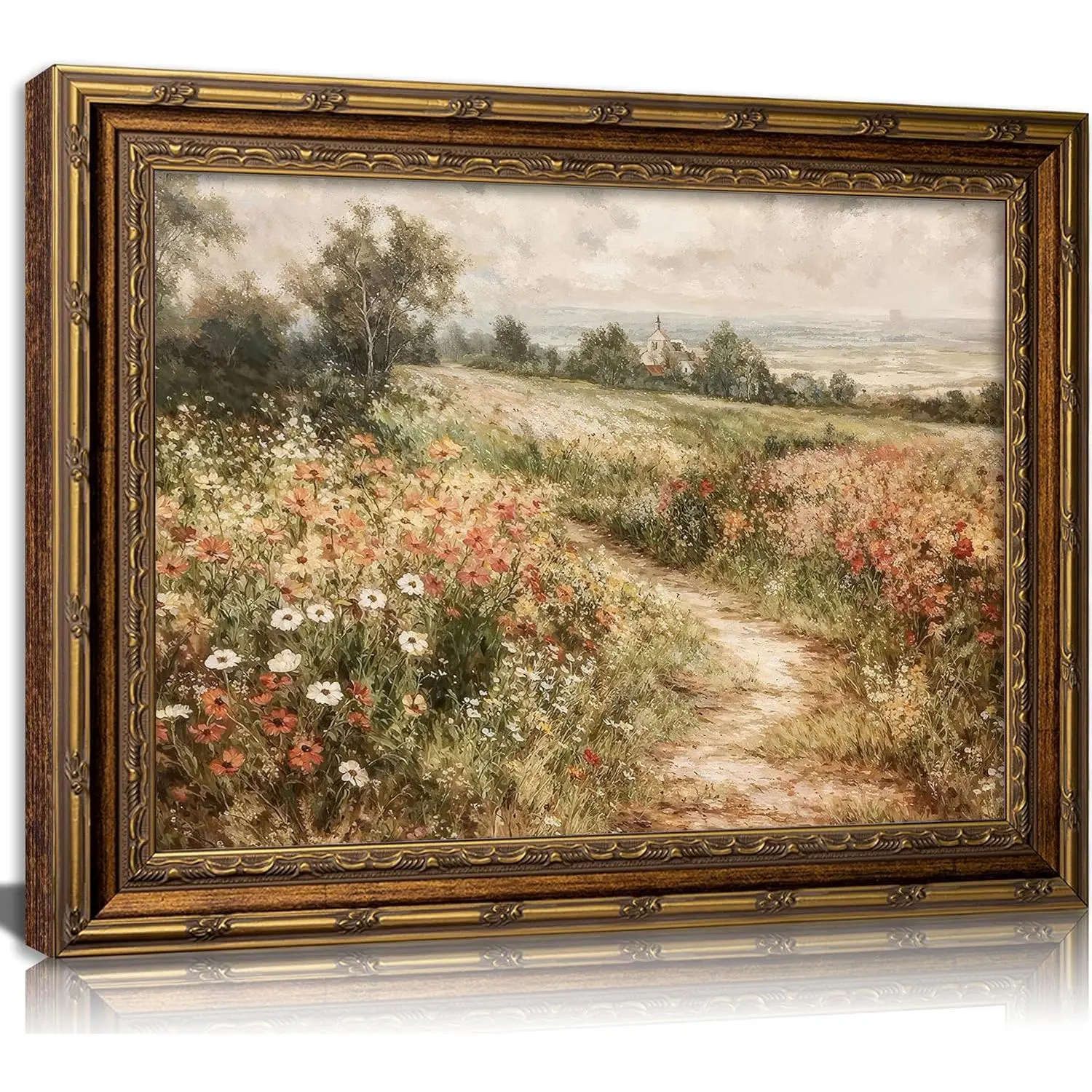 Vintage Gold Framed Canvas Wall Art Retro Country Nature Wildflower Landscape Painting Picture Wall Decor Farmhouse Rustic Floral Poster Print Artwork for Office Living Room Bedroom