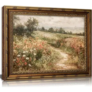 Vintage Gold Framed Canvas Wall Art Retro Country Nature Wildflower Landscape Painting Picture Wall Decor Farmhouse Rustic Floral Poster Print Artwork for Office Living Room Bedroom